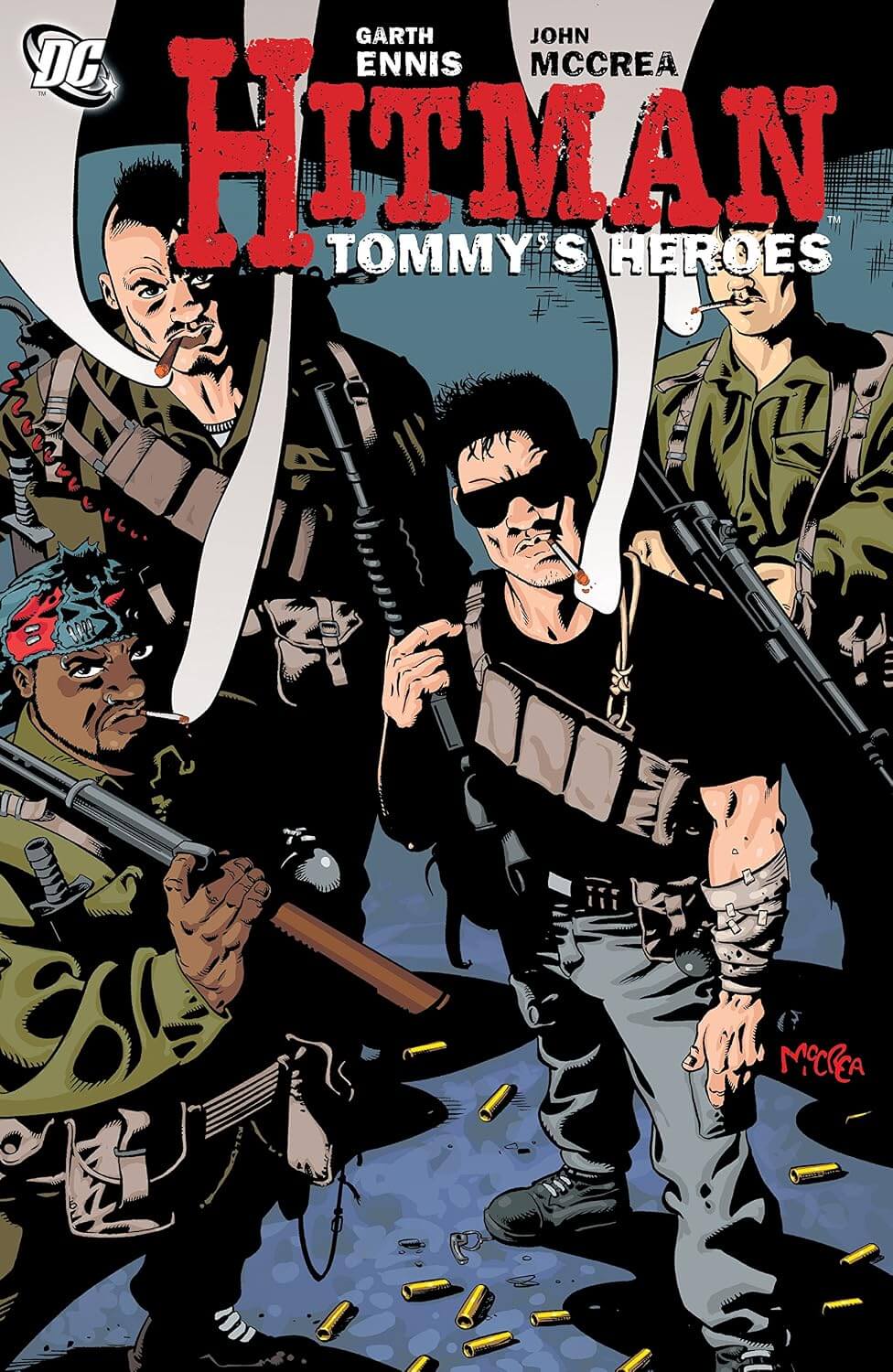 Comic book cover for 'Hitman: Tommy's Heroes' featuring illustrated characters in tactical gear holding rifles, with large red title text and DC branding at the top.
