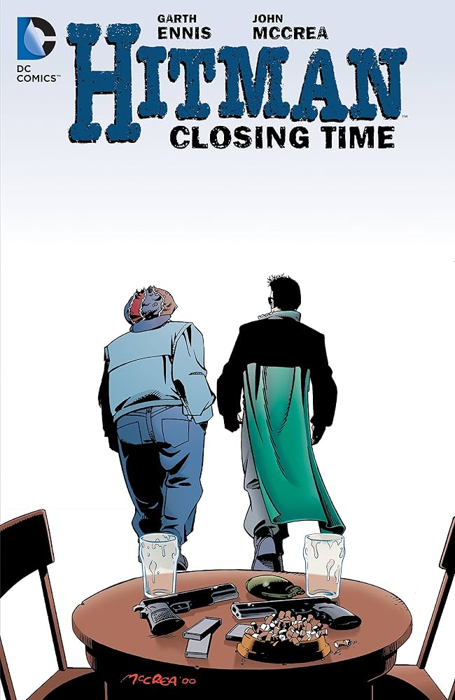 Comic book cover for Hitman: Closing Time from DC Comics, featuring two men seen from behind standing over a table with guns and glasses, with the title in large blue letters at the top.