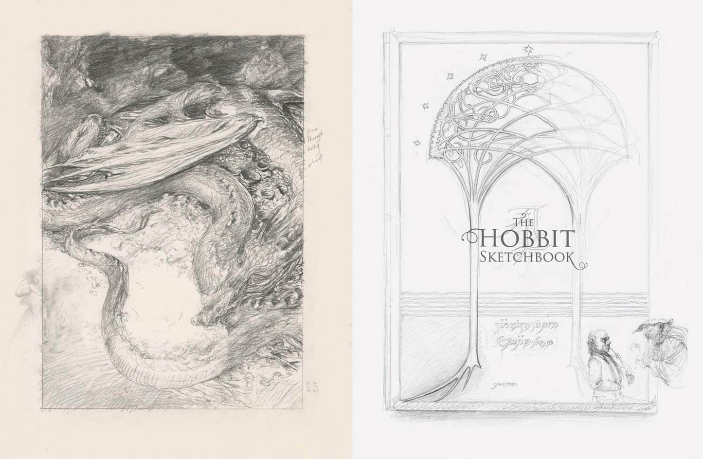Illustration of a dragon and cover design for 'The Hobbit Sketchbook' on a beige background