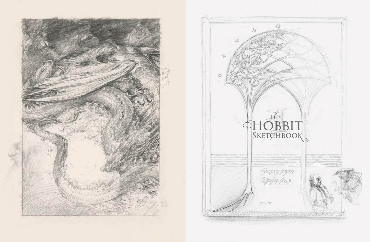 Illustration of a dragon and cover design for 'The Hobbit Sketchbook' on a beige background