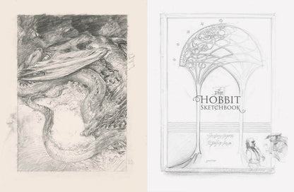 Illustration of a dragon and cover design for 'The Hobbit Sketchbook' on a beige background