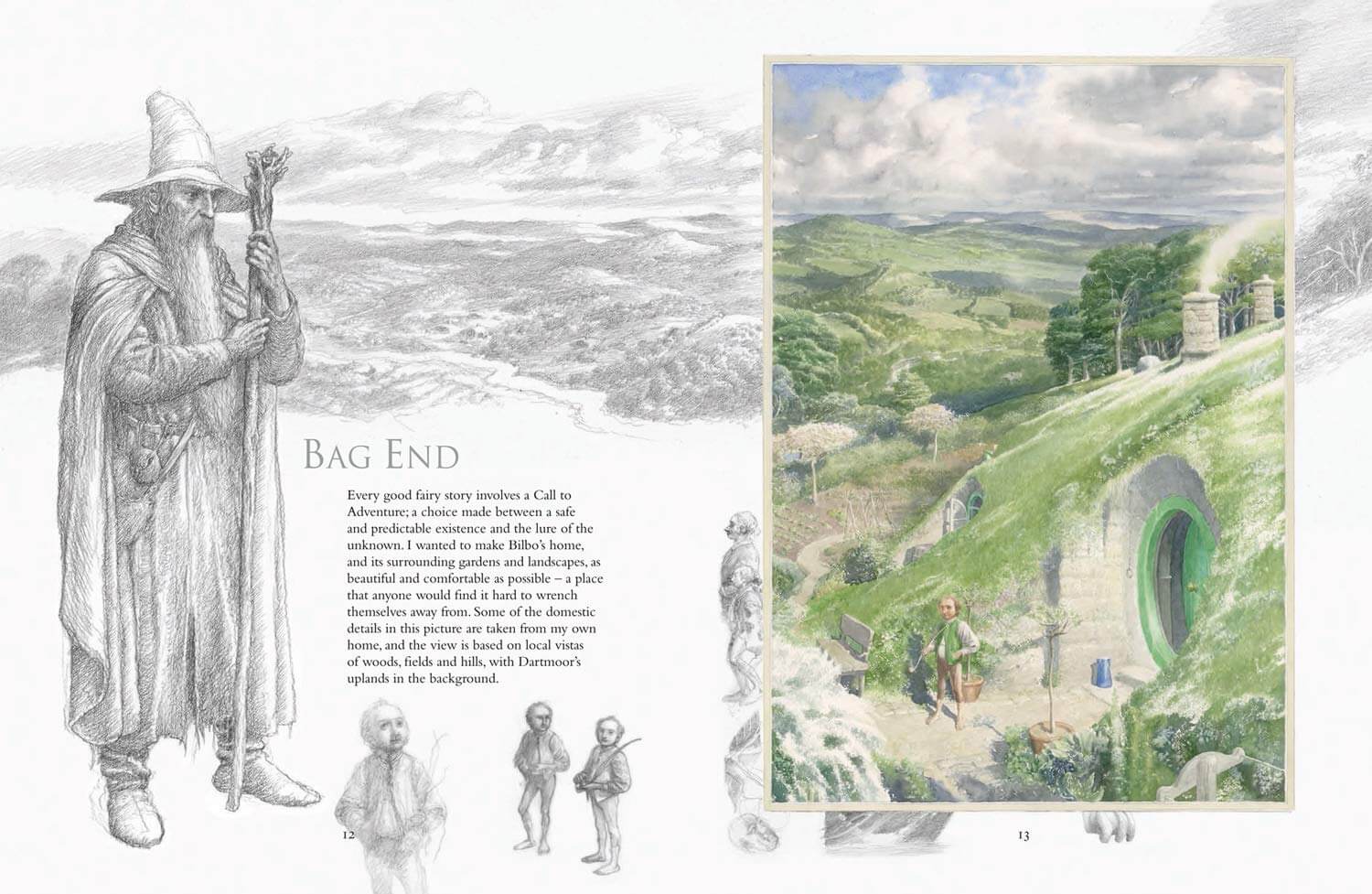A printed page spread showing fantasy artwork and text. The left side has a large sketch of a wizard-like figure holding a staff, smaller character drawings, and the title 'Bag End' with a short descriptive text.