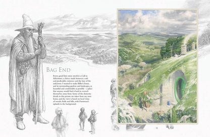A printed page spread showing fantasy artwork and text. The left side has a large sketch of a wizard-like figure holding a staff, smaller character drawings, and the title 'Bag End' with a short descriptive text.