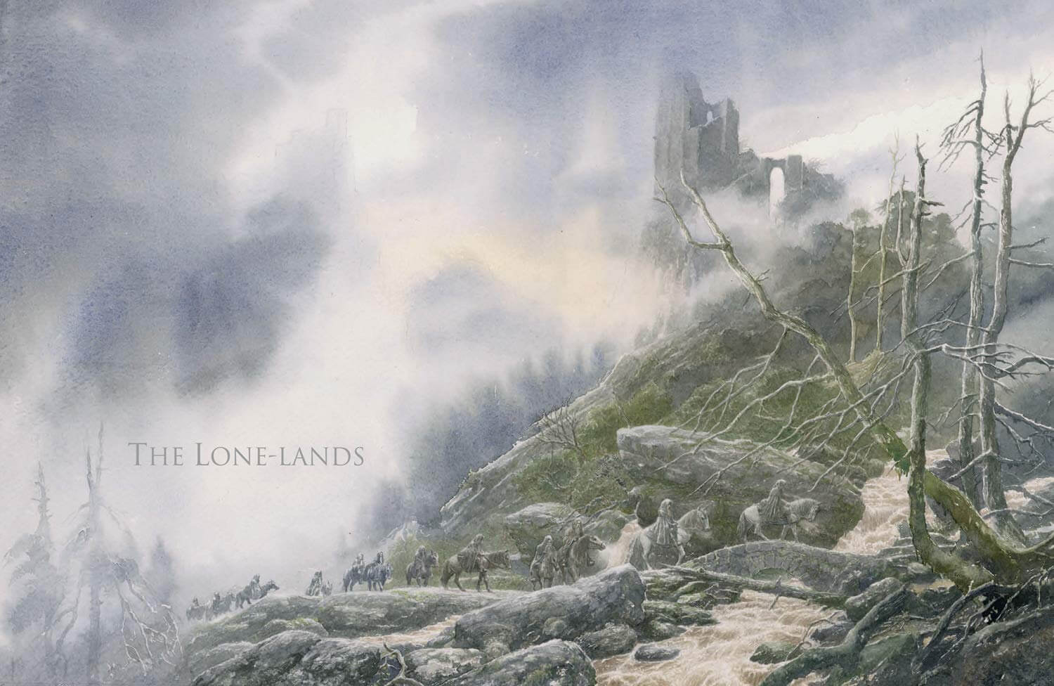 Foggy landscape with a castle and figures on a hillside, titled 'The Lone-Lands'.