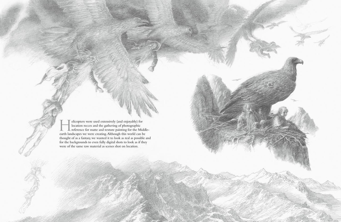 Pencil drawing of two birds on a mountainous landscape with text overlay.