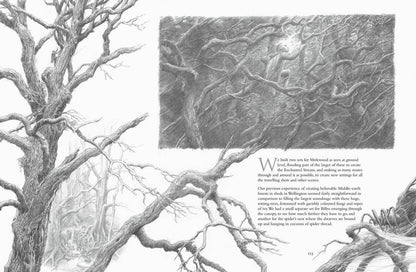 Detailed black and white illustration of a tree with an inset showing a person in a snowy landscape.