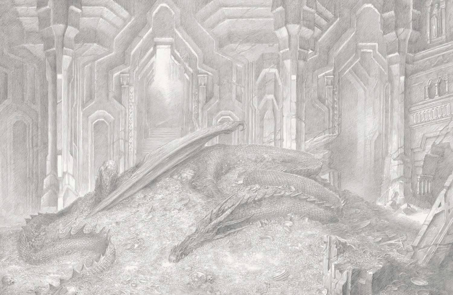 A monochrome pencil-style illustration of a large dragon lying across a ruined futuristic stone hall with tall arches and architectural details.