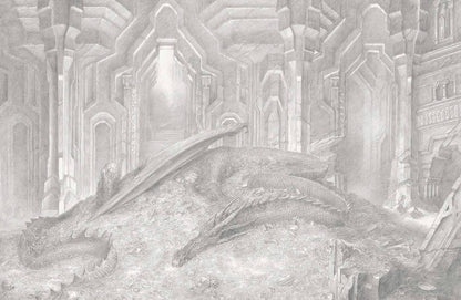 A monochrome pencil-style illustration of a large dragon lying across a ruined futuristic stone hall with tall arches and architectural details.