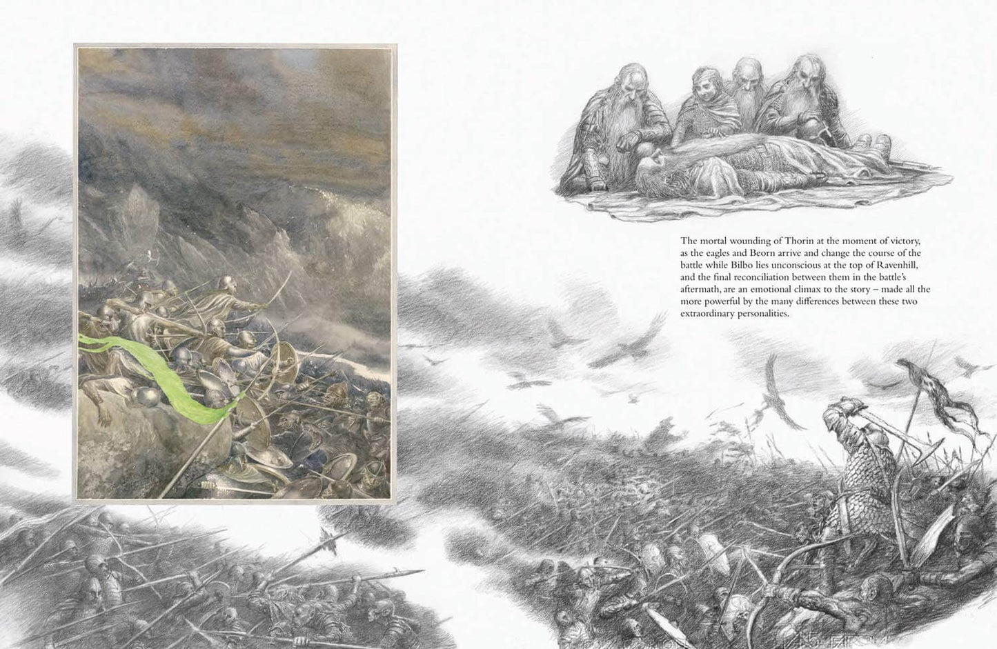 Illustration of a battle scene with figures and text on a white background