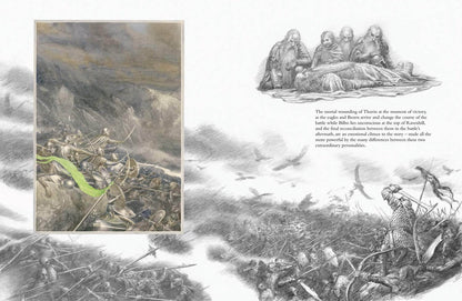 Illustration of a battle scene with figures and text on a white background