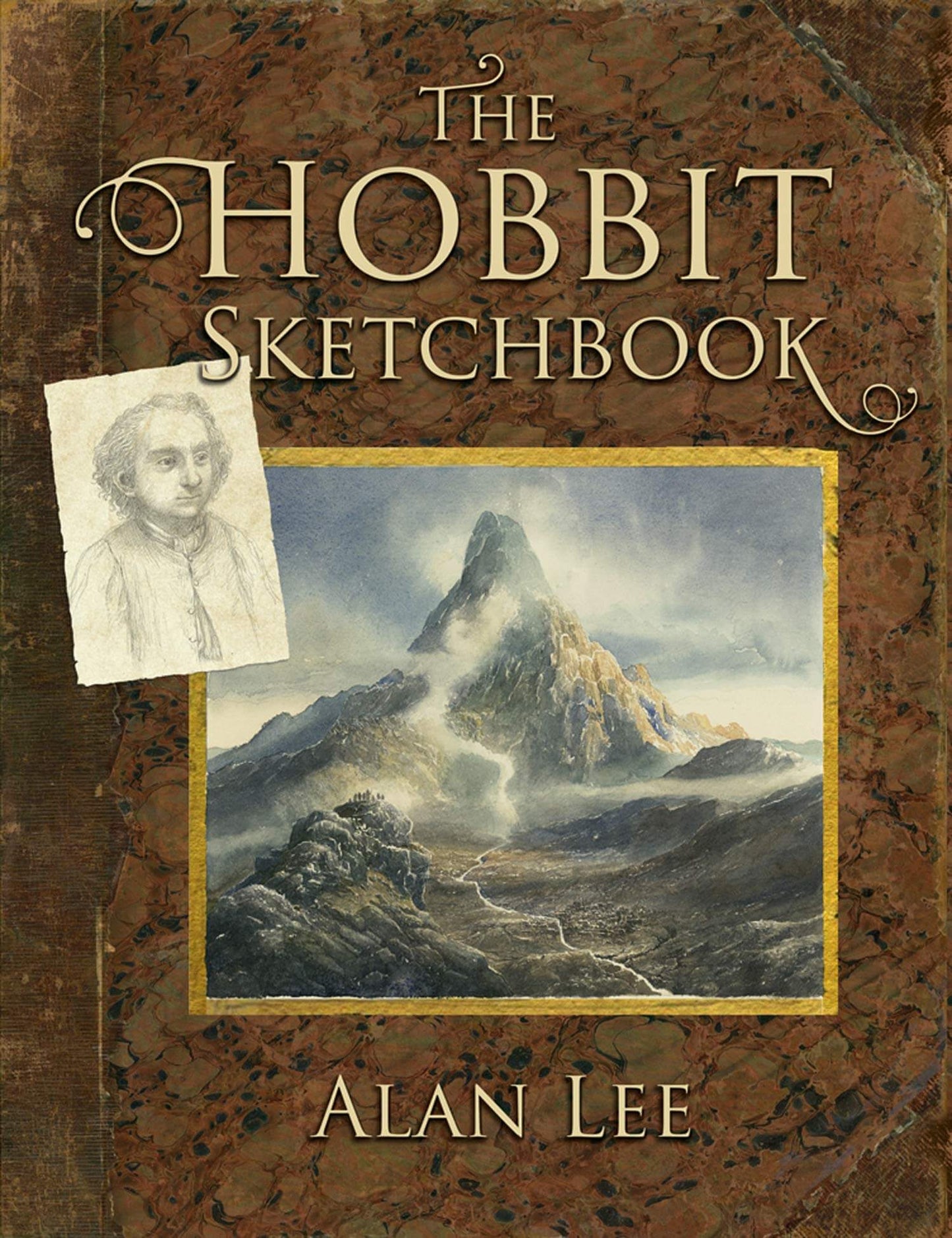 Cover of 'The Hobbit Sketchbook' by Alan Lee, featuring a mountainous landscape with a figure resembling a hobbit or dwarf, set against a fantasy landscape.