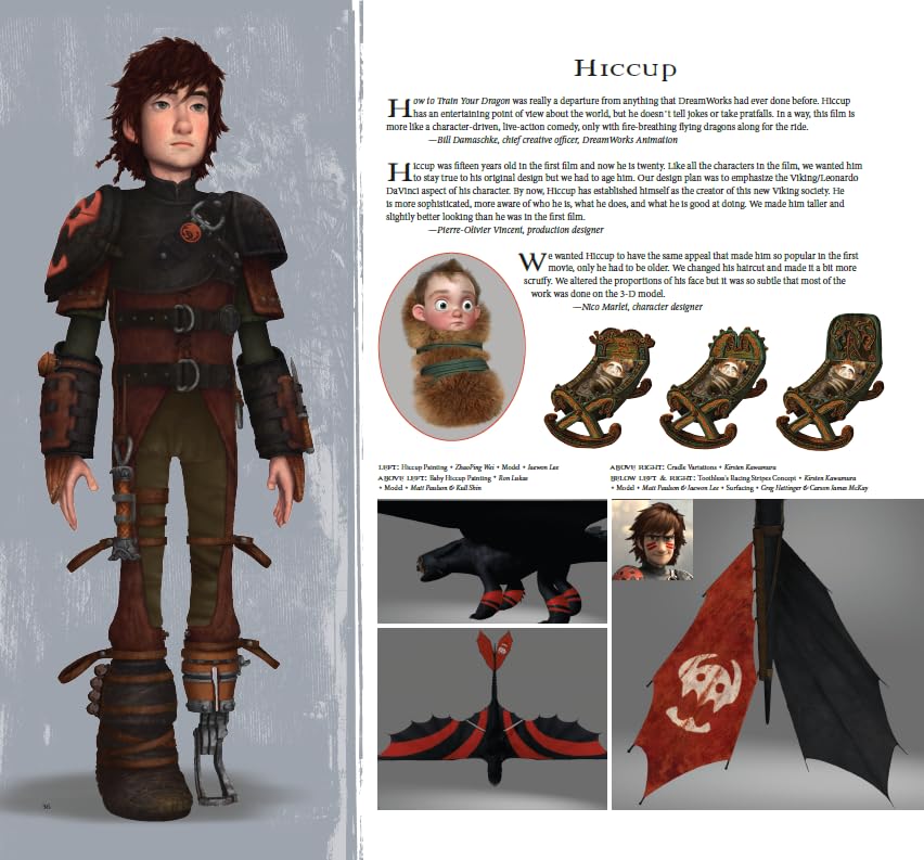 A printed character design and costume concept page for Hiccup from the movie How to Train Your Dragon. The left side shows a full-body rendered figure of Hiccup in a brown leather-like outfit with goggles, while the right side contains text, a circular inset portrait, and small product renderings of matching brown gear and accessories.