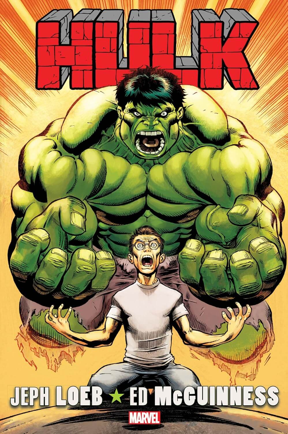 Comic book cover for Marvel's 'Hulk' featuring the green Hulk towering over a terrified man, with the title 'HULK' in large red letters at the top and creator names Jeph Loeb and Ed McGuinness at the bottom.