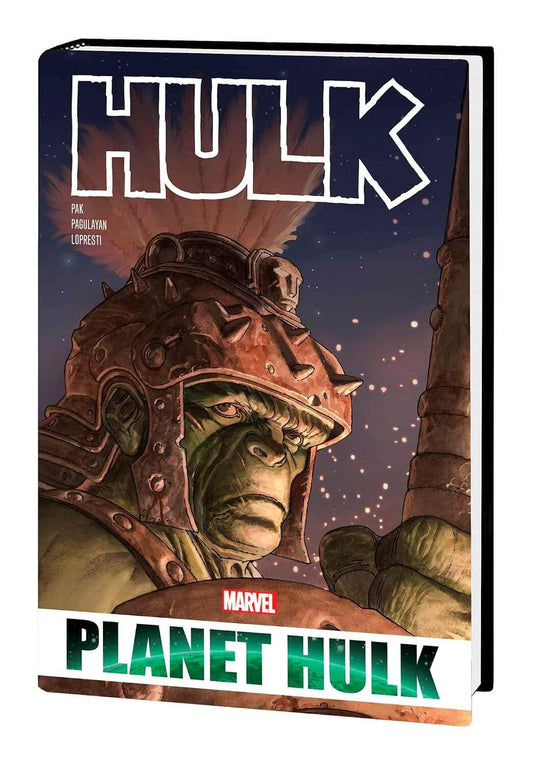 Marvel's The Hulk: Planet Hulk hardcover comic book, featuring a cover illustration of Hulk in a helmet against a starry night sky, with the title 'HULK' at the top and 'PLANET HULK' at the bottom.