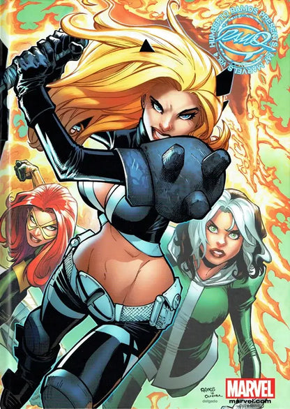 humberto ramos my marvels 4 sketchbook cover art featuring a dynamic group of female superheroes in action poses against a fiery yellow and orange background. Visible branding includes the Marvel logo in the bottom right corner.