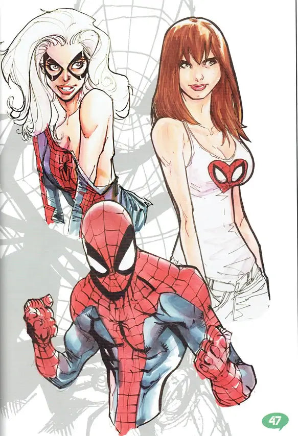 Comic-style illustration featuring Spider-Man in the foreground, with two female superheroes behind him on a white background with faint spiderweb linework.