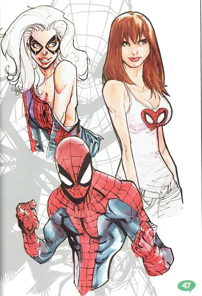 Comic-style illustration featuring Spider-Man in the foreground, with two female superheroes behind him on a white background with faint spiderweb linework.