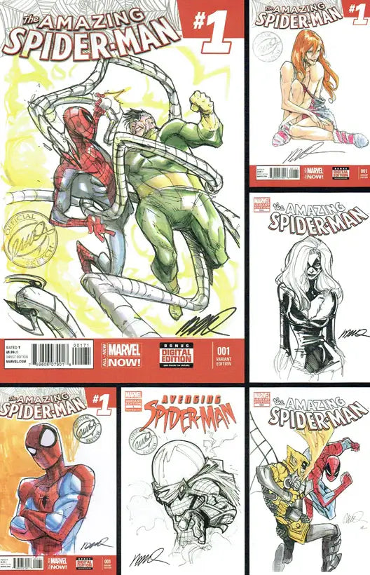 Six comic book covers for Marvel's The Amazing Spider-Man issue #1 shown in a grid, featuring different illustrated versions of Spider-Man and villains including Doctor Octopus, Mysterio, and others.