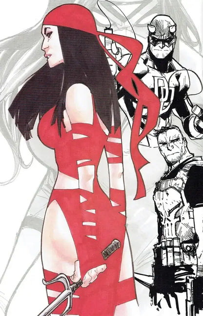 Comic-style illustration featuring a woman in a red outfit and head covering, with two male superheroes behind her rendered in black, white, and gray linework.