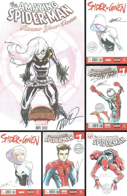 A collage of Marvel comic book covers featuring Spider-Gwen and Amazing Spider-Man, including signed variants and issue numbers, arranged in a grid on a white background.