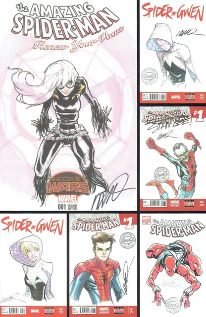 A collage of Marvel comic book covers featuring Spider-Gwen and Amazing Spider-Man, including signed variants and issue numbers, arranged in a grid on a white background.