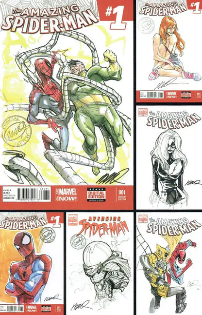 Six comic book covers for Marvel's The Amazing Spider-Man issue #1 shown in a grid, featuring different illustrated versions of Spider-Man and villains including Doctor Octopus, Mysterio, and others.