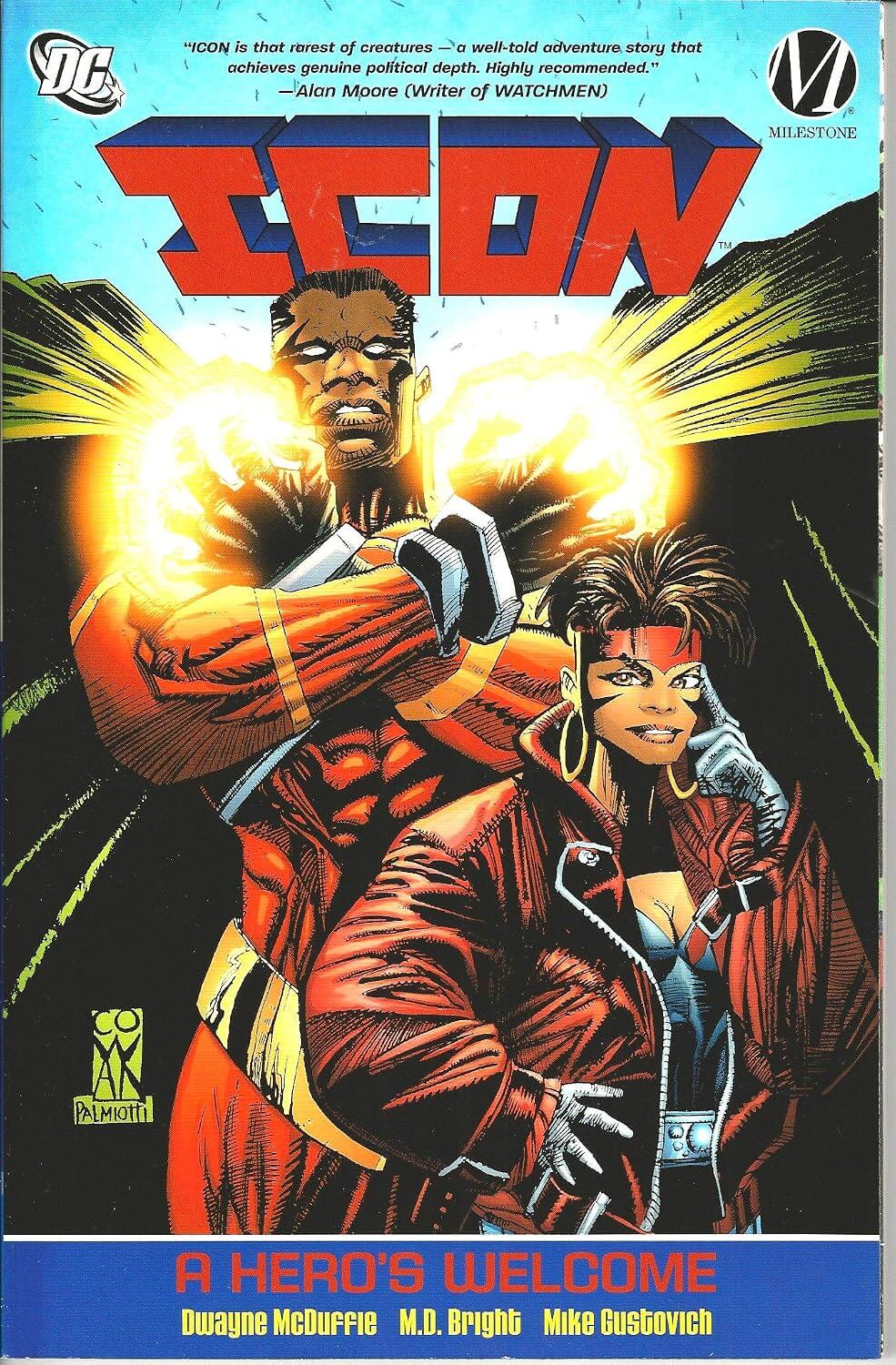 Front cover of the comic book 'Icon: A Hero's Welcome' published by Milestone, featuring DC Comics branding. The cover art depicts a muscular man in a red and black costume with yellow energy effects, and a woman in a red jacket in the foreground.