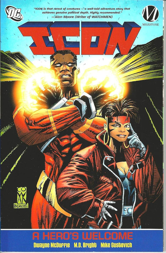 Front cover of the comic book 'Icon: A Hero's Welcome' published by Milestone, featuring DC Comics branding. The cover art depicts a muscular man in a red and black costume with yellow energy effects, and a woman in a red jacket in the foreground.