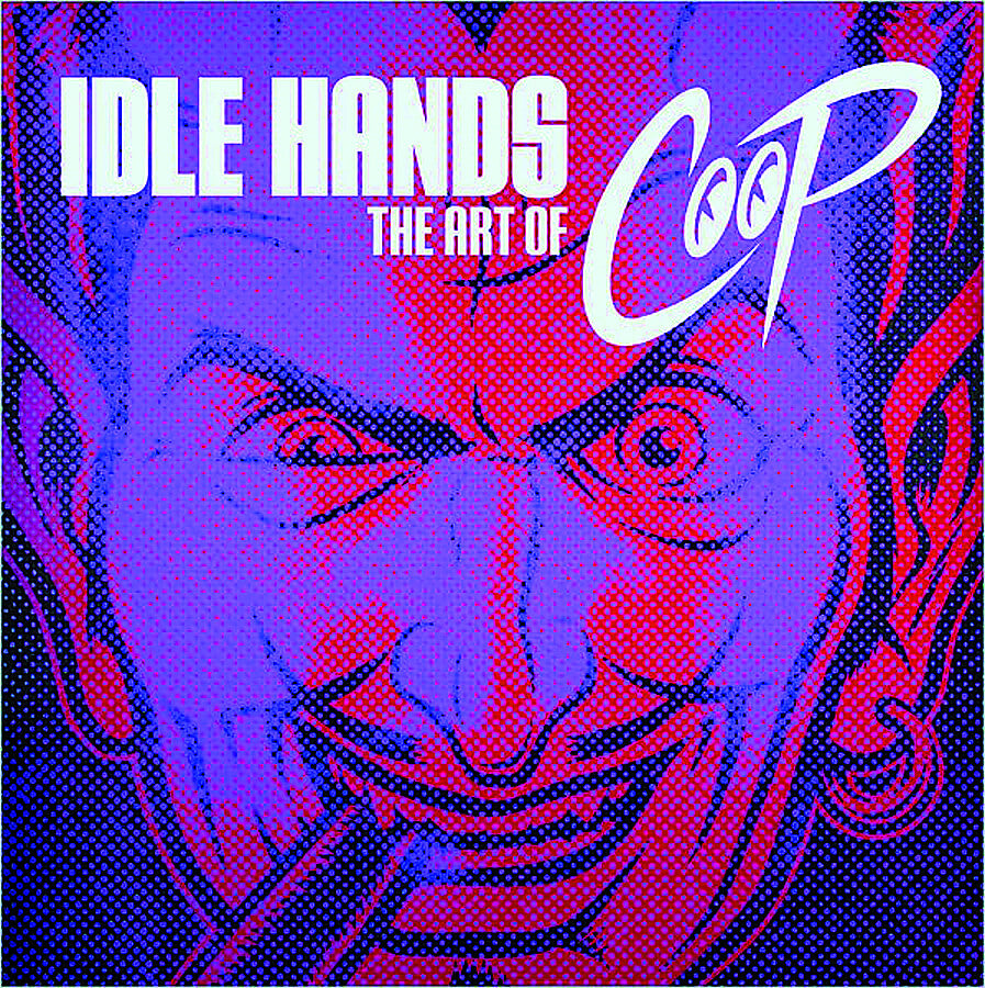 Album cover for 'Idle Hands: The Art of Coop' featuring a stylized, halftone illustration of a face in vibrant purple and red tones with bold white text.