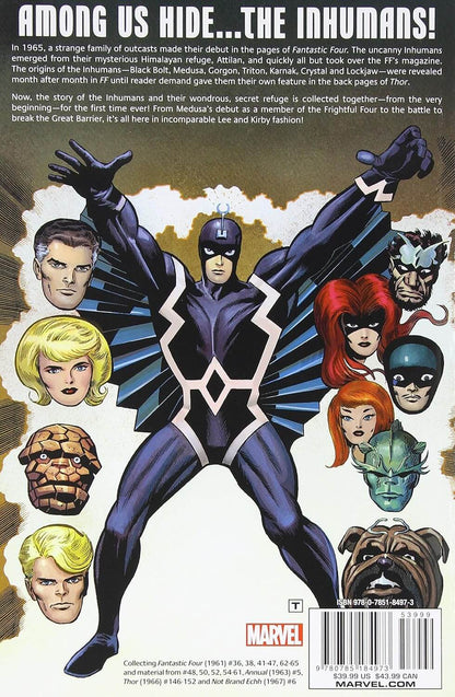 Back cover of Marvel's inhumans comic book, featuring the character Mister Fantastic in a purple suit with his arms outstretched, surrounded by illustrated portraits of the other Fantastic Four members and the Marvel logo at the bottom.