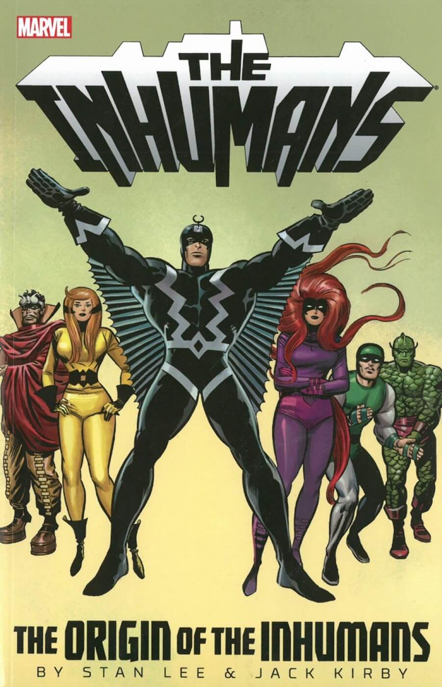 Cover of 'The Inhumans' comic book featuring the title and characters on a beige background.
