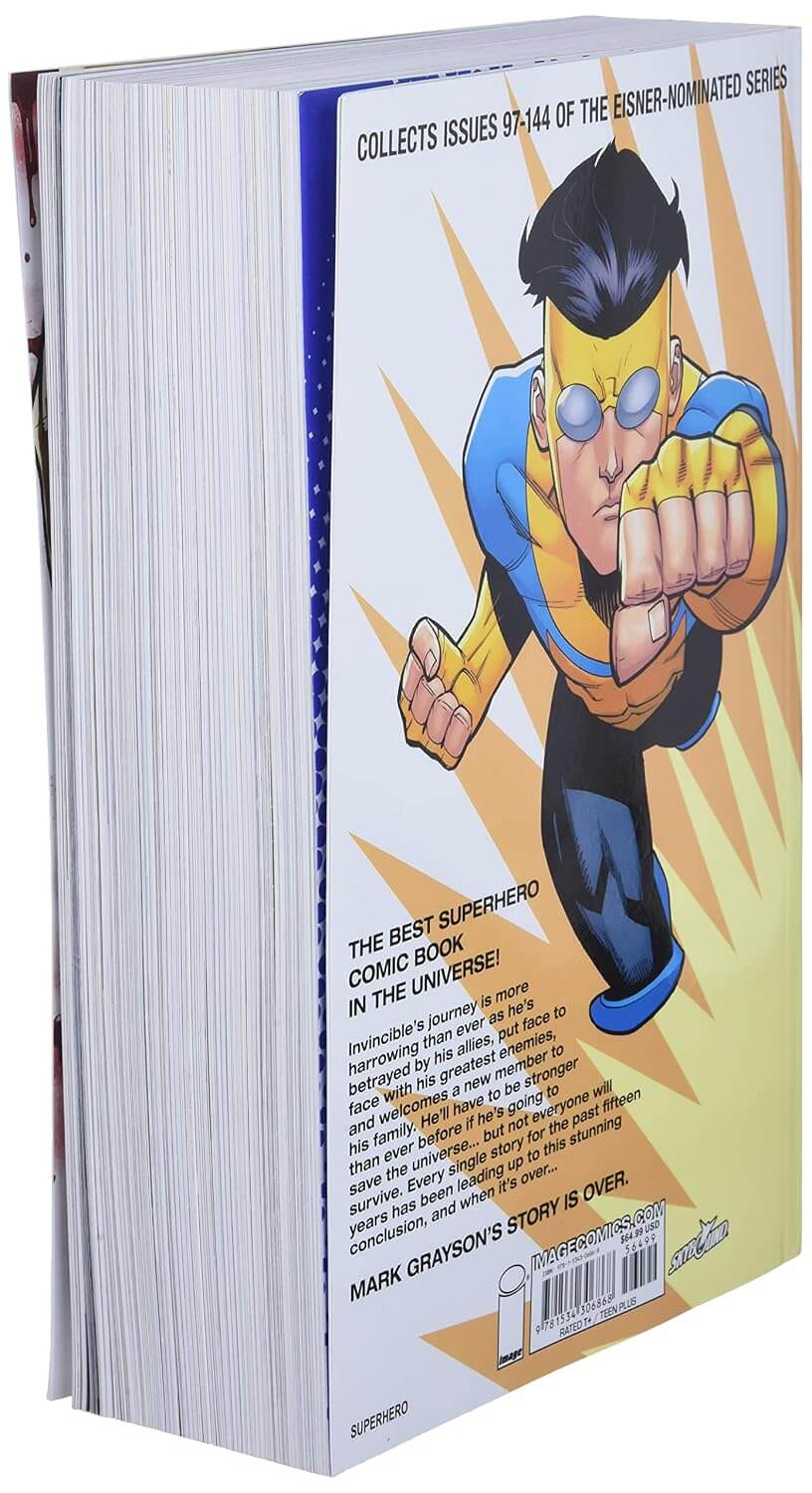 A comic book shown from the back, featuring a colorful illustration of a superhero in blue, yellow, and black, with text and a barcode on a white background.