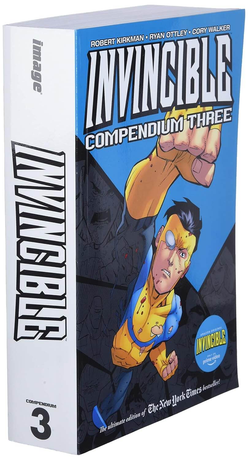 Invincible Compendium Three paperback featuring comic book cover art with the character Invincible in a yellow and blue suit against a blue and black background.