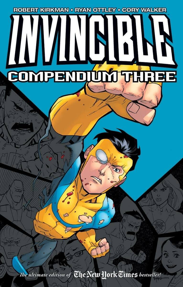 Comic book cover of 'Invincible Compendium Three' with a superhero character in a yellow suit.
