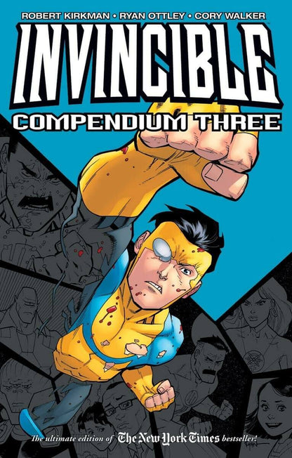 Comic book cover of 'Invincible Compendium Three' with a superhero character in a yellow suit.