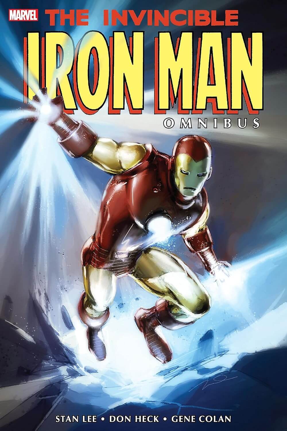 Comic book cover for Marvel's The Invincible Iron Man Omnibus, showing Iron Man flying forward with a glowing blue energy effect and large yellow title text.