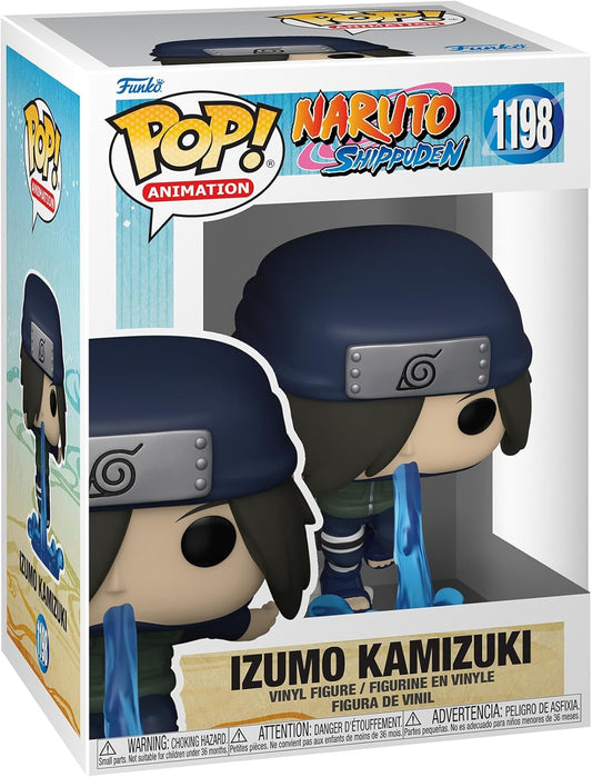 Funko Pop! Naruto figurine packaging with Izumo Kamizuki, featuring the Funko logo and product details.