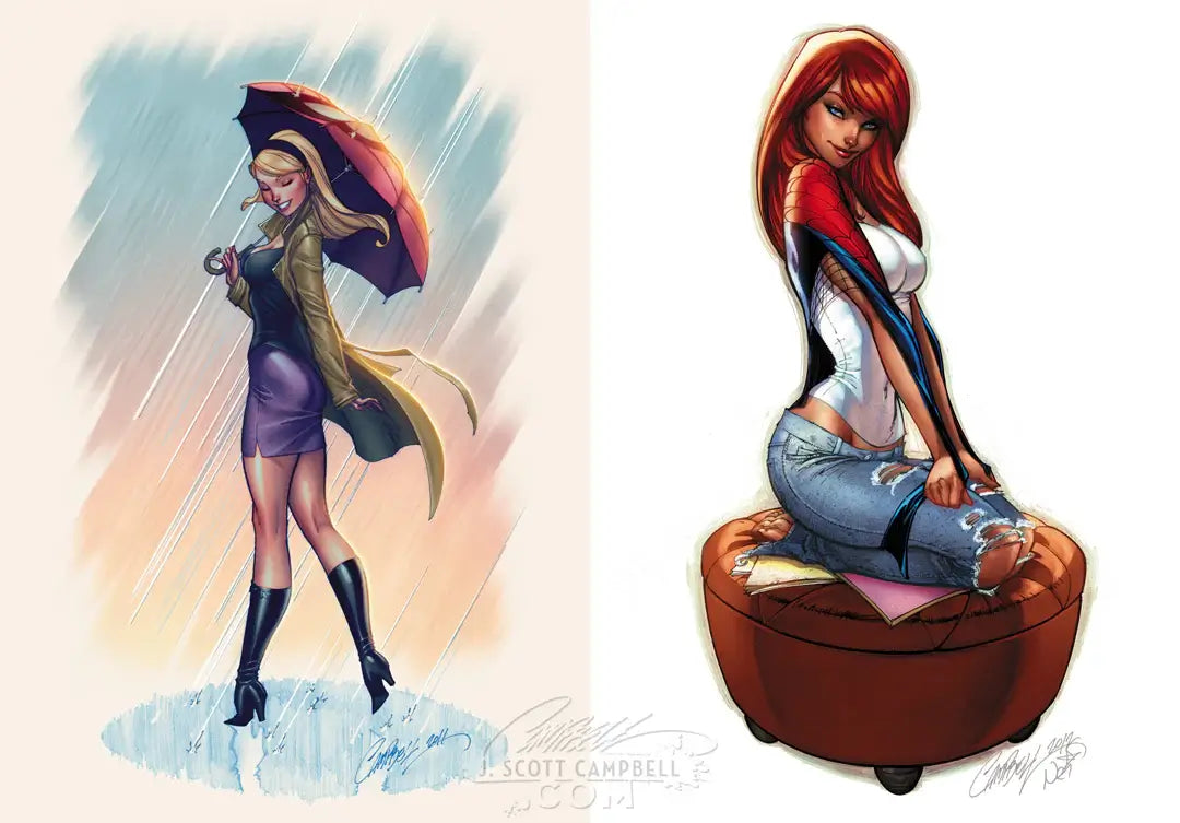 A split-panel illustration featuring two stylized female characters: on the left, a blonde woman in a raincoat and purple skirt holding a dark umbrella in the rain; on the right, a red-haired woman in a white, blue, and red outfit sits on a brown ottoman. The artwork appears to be the product itself rather than a photo of a physical item, so this fits Scenery.