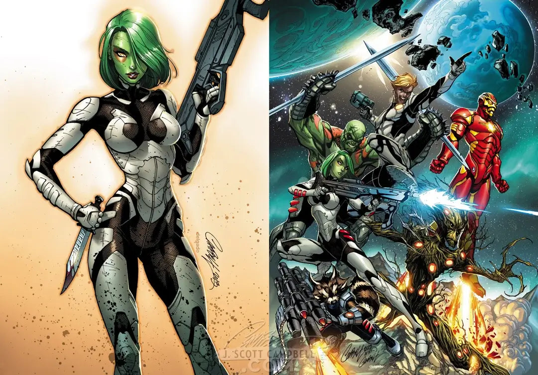 A split-panel comic-style illustration featuring a green-haired female sci-fi character in a black-and-white bodysuit on the left, and a multicolored action scene with several superheroes and sci-fi elements on the right.