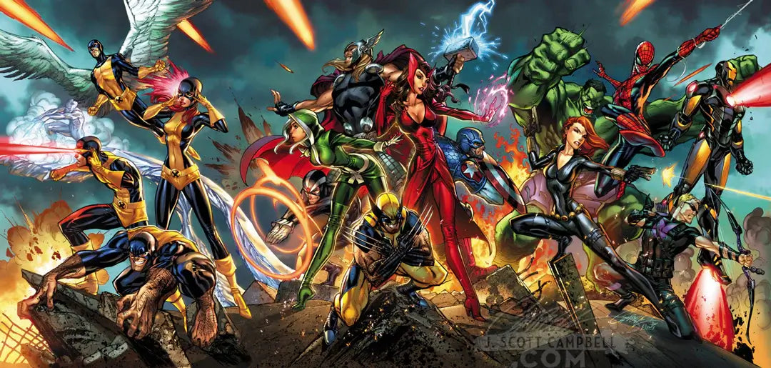 A colorful comic-style group illustration of Marvel superheroes and villains posed dynamically in battle, with dramatic explosions, lightning, and bright action effects across the full frame.