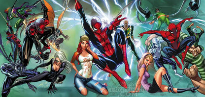 A colorful comic-style illustration featuring multiple Spider-Man characters and allies in action poses against a green background with lightning effects. The artwork includes Spider-Man, Black Widow, Captain America, Hawkbill, and other Marvel characters.