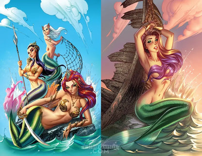 A split-panel fantasy illustration featuring three mermaid women in colorful tail and shell outfits, with one seated on a rock in turquoise water and another seated on a shipwreck under a pink sky. A visible watermark reads Scott Candler.