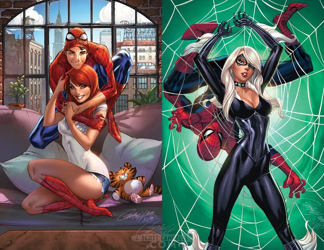 A side-by-side comic-style illustration featuring Spider-Gwen on the left and Black Cat / Spider-Man hybrid character on the right, likely representing a comic book cover or art print.