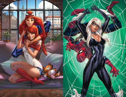 A side-by-side comic-style illustration featuring Spider-Gwen on the left and Black Cat / Spider-Man hybrid character on the right, likely representing a comic book cover or art print.