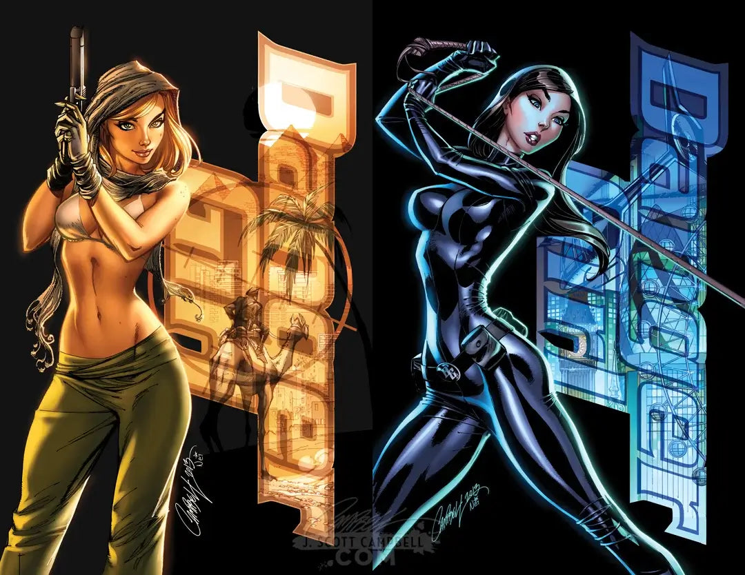 A split-color graphic print featuring two stylized female action characters on a black background, with large vertical text reading 'DARLER' in gold on the left and blue on the right.