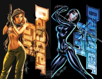A split-color graphic print featuring two stylized female action characters on a black background, with large vertical text reading 'DARLER' in gold on the left and blue on the right.