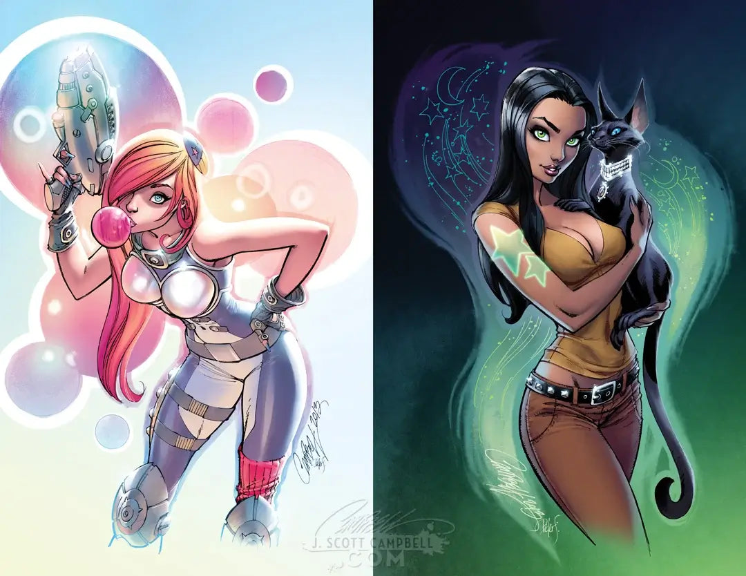A side-by-side digital illustration of two female comic-style characters. The left character has pink hair, futuristic armor, and holds a glowing weapon against a pastel bubble background.