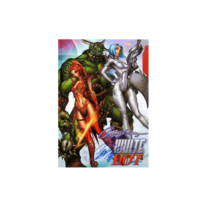 A printed poster or art print featuring three illustrated fantasy characters against a light gray background. The artwork includes a green horned figure, a red-haired female figure with a glowing orange sword, and a silver female figure, with the text 'White Hot' visible near the bottom.