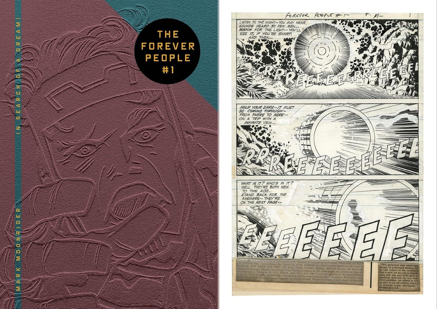 A split image showing the cover and interior pages of a vintage comic book titled 'The Forever People #1'. The left side shows a textured burgundy cover with a black circular title badge and teal corner accents.