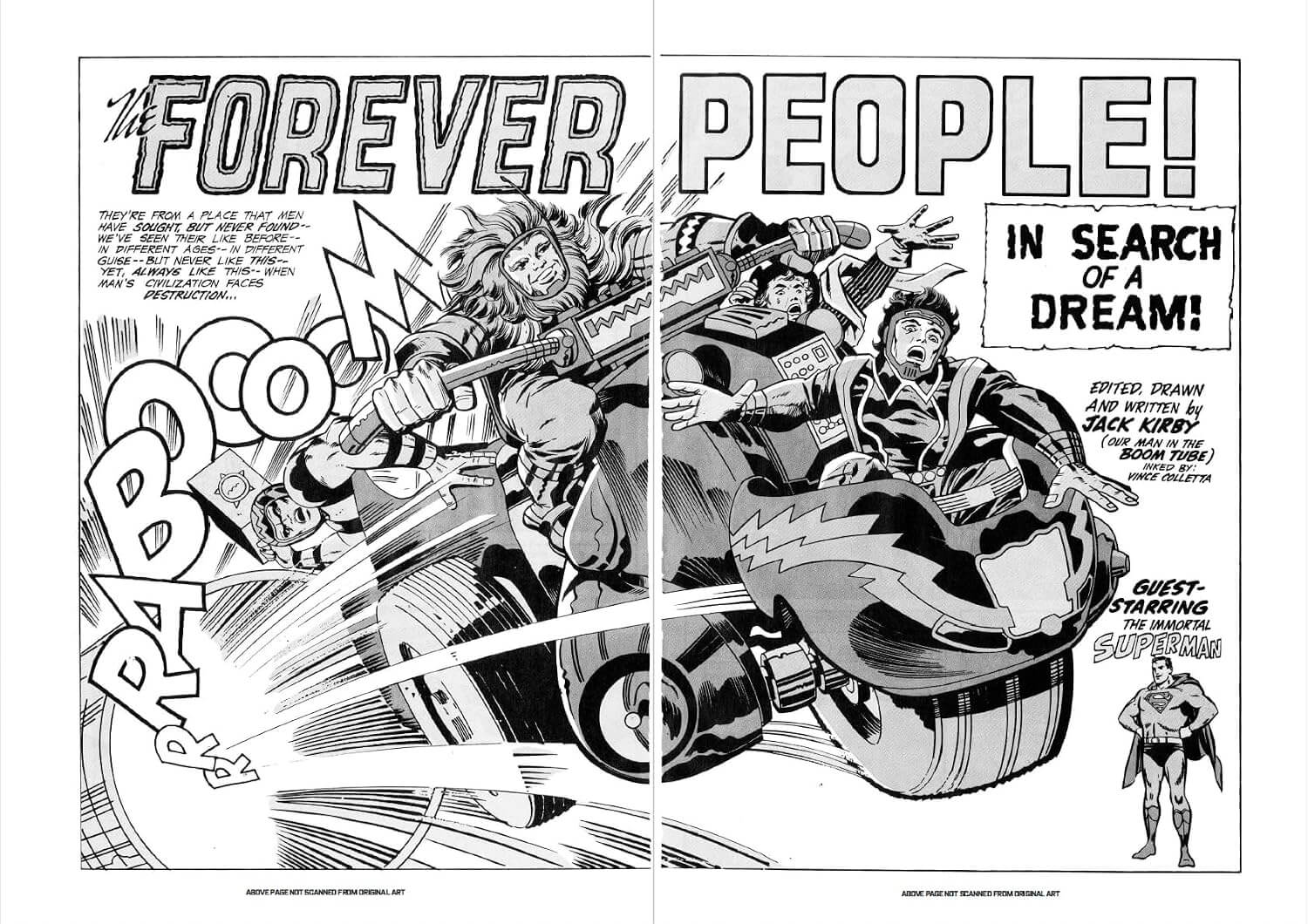 Comic book page with 'Forever People!' title and characters on a motorcycle.